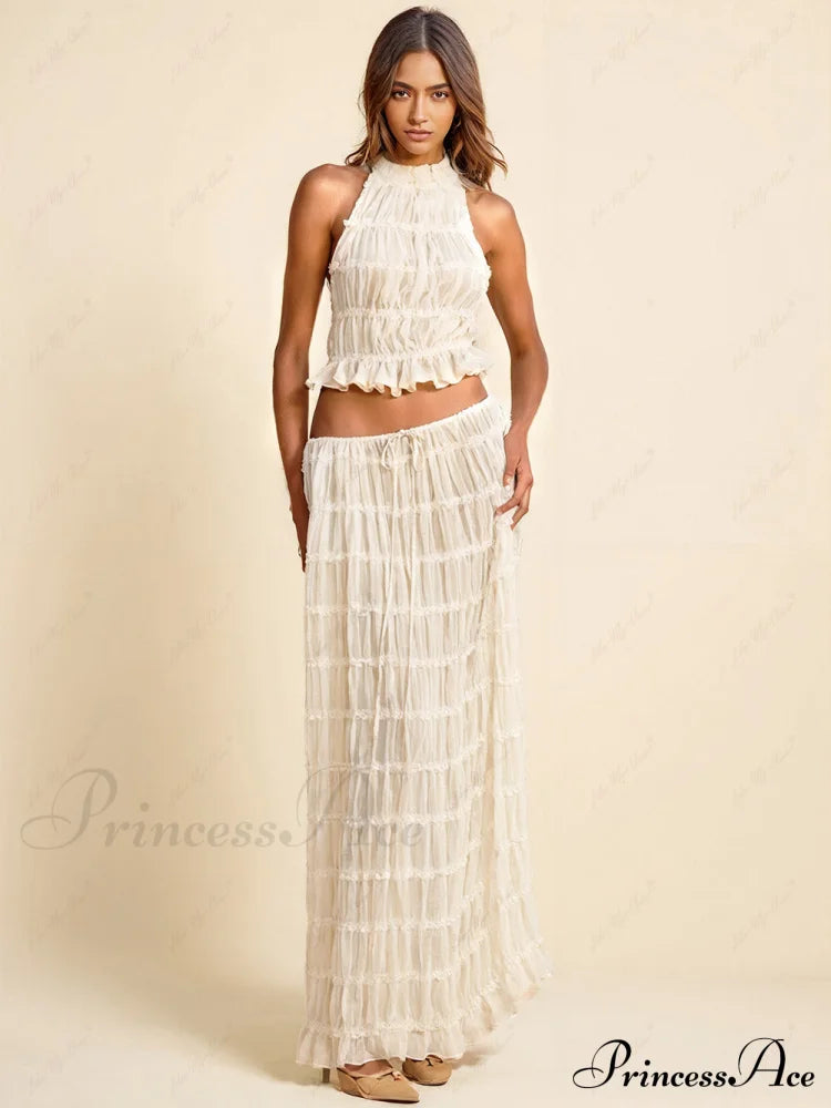 Charm Pleated Drawstring Charming Waist Tiered Maxi Skirt Dresses