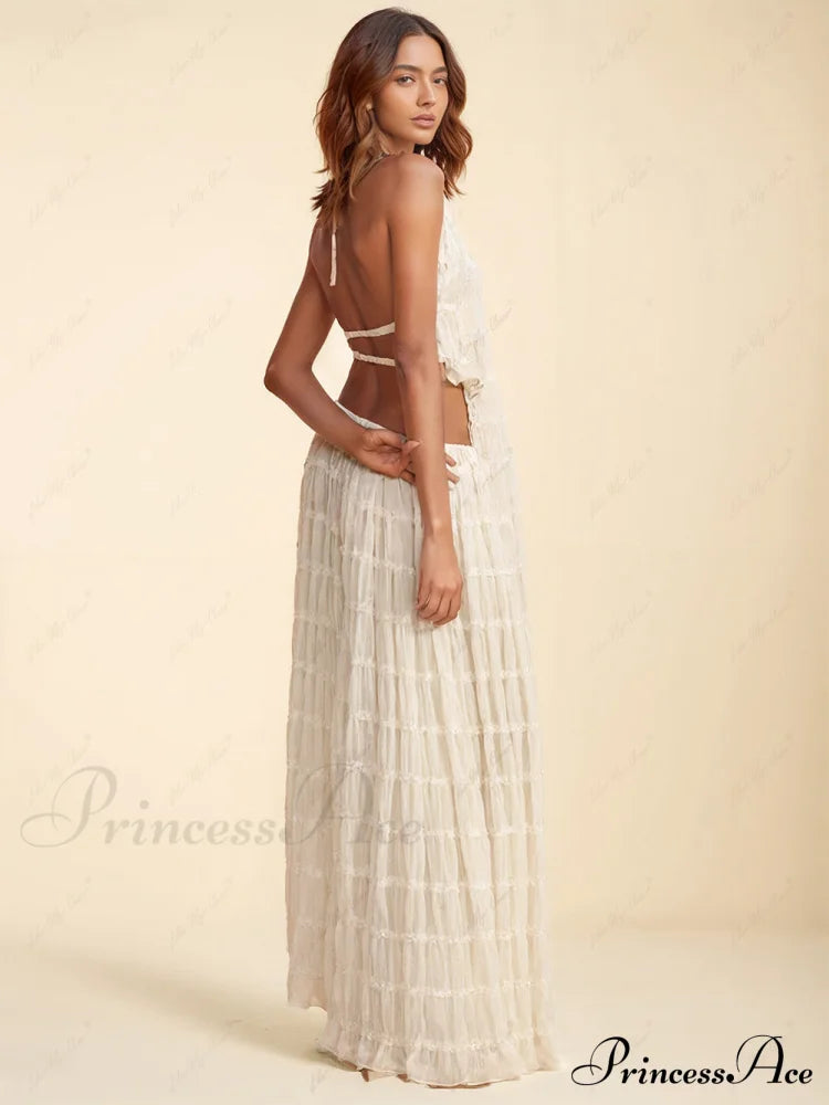 Charm Pleated Drawstring Charming Waist Tiered Maxi Skirt Dresses