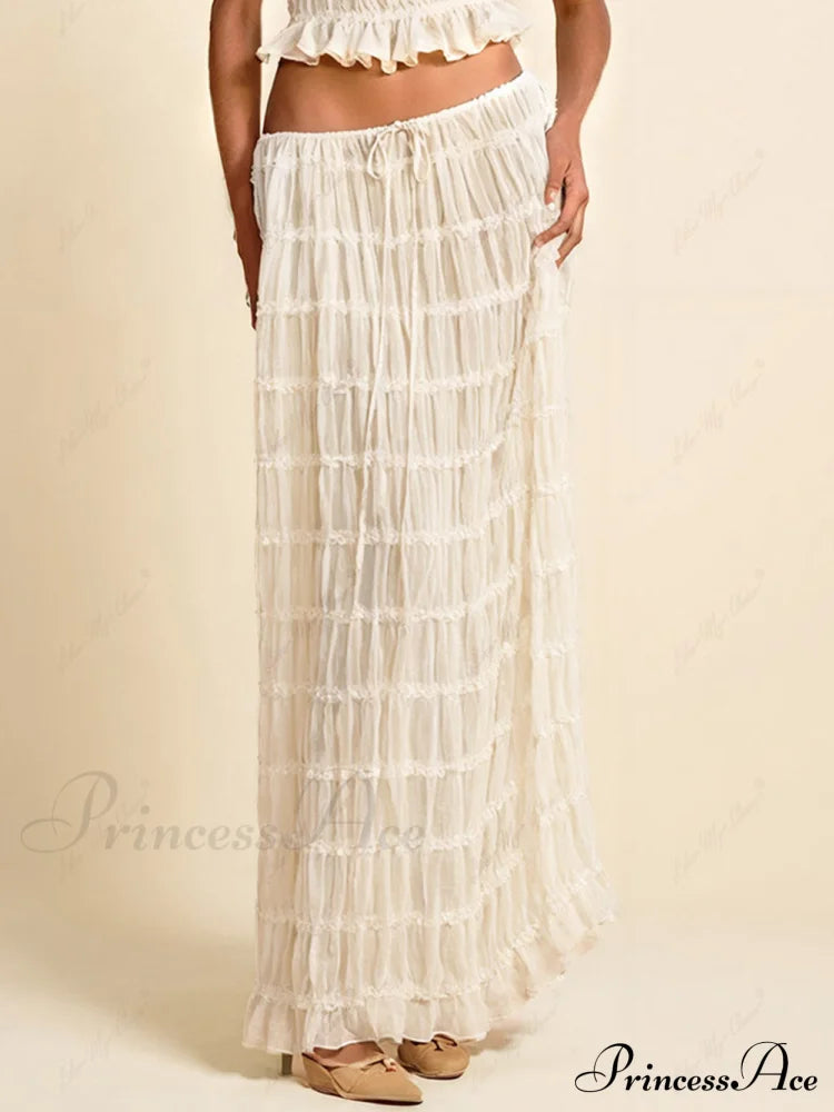 Charm Pleated Drawstring Charming Waist Tiered Maxi Skirt White-Maxi / S Dresses