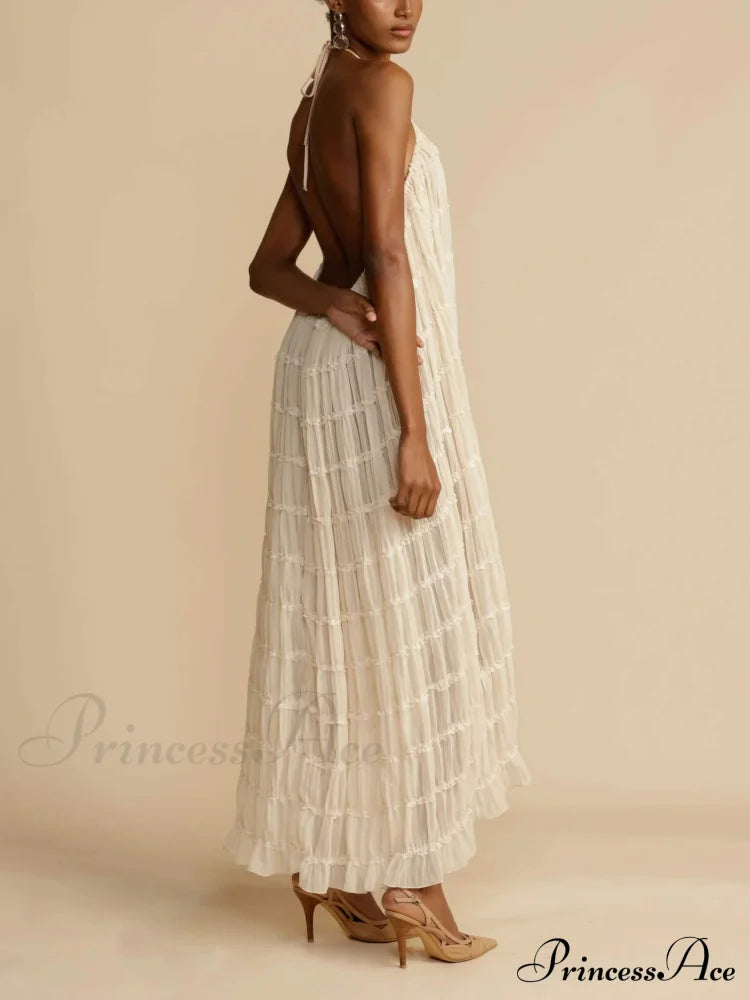 Charming Pleated Drawstring Waist Graceful Tiered Halterneck Midi Dress Dresses