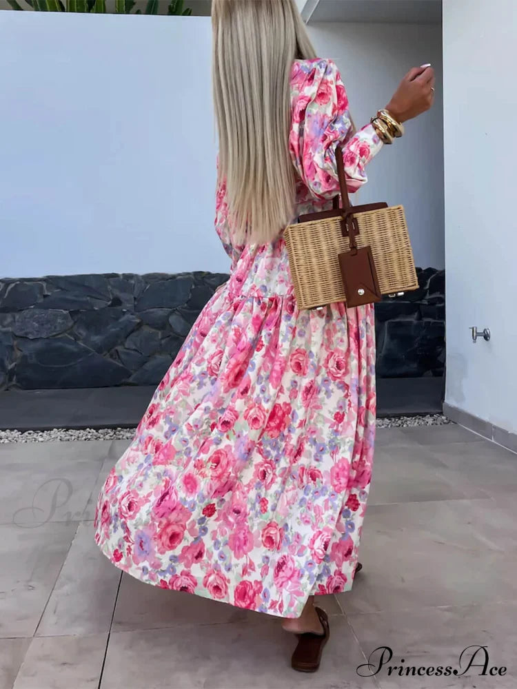 Charming Printed Shirt Buttons Graceful Plain Gold Floral Maxi Dress Dresses