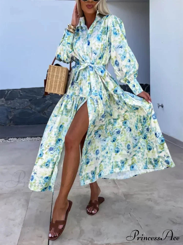 Charming Printed Shirt Buttons Graceful Plain Gold Floral Maxi Dress Dresses