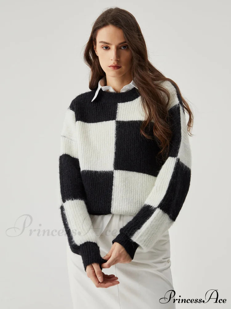 Check Colorblock Crew Trendy Neck Knit Sweater Sweaters-L