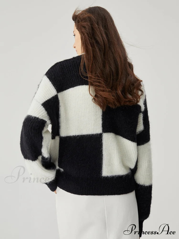 Check Colorblock Crew Trendy Neck Knit Sweater Sweaters-L