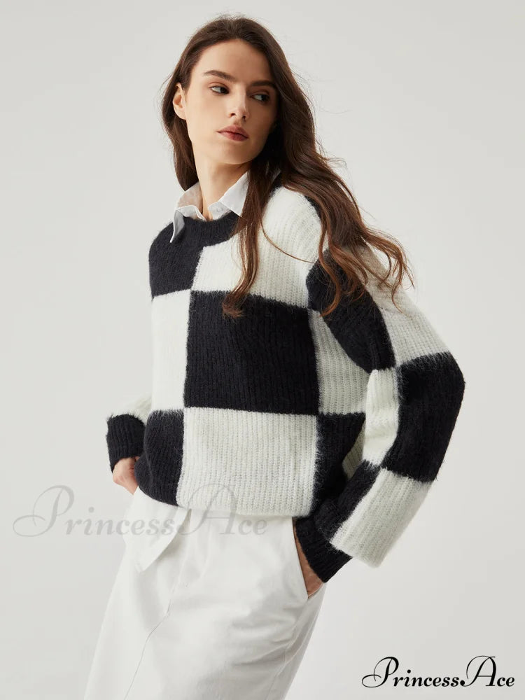 Check Colorblock Crew Trendy Neck Knit Sweater Sweaters-L