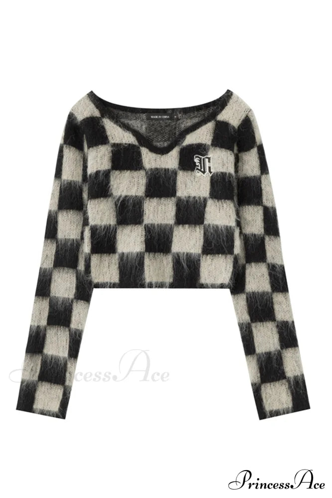 Checkerboard V Neck Mohair Sweater Black / S Sweaters-L