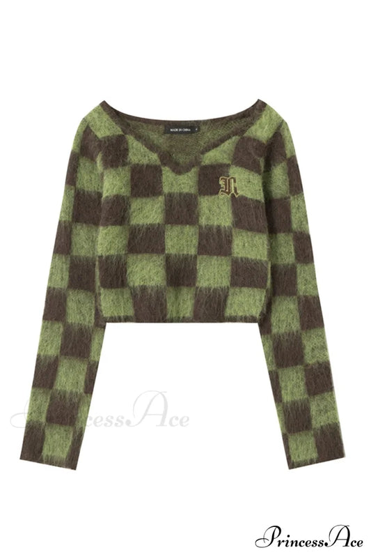 Checkerboard V Neck Mohair Sweater Green / S Sweaters-L