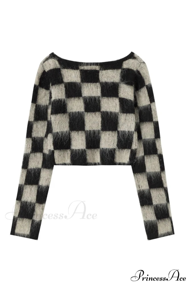 Checkerboard V Neck Mohair Sweater Sweaters-L