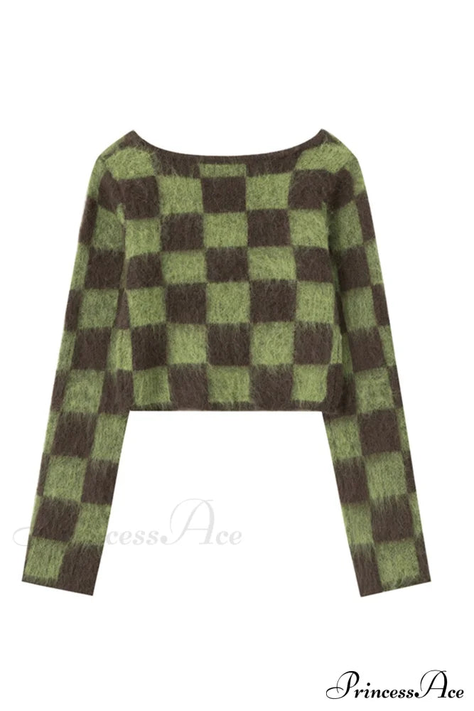 Checkerboard V Neck Mohair Sweater Sweaters-L