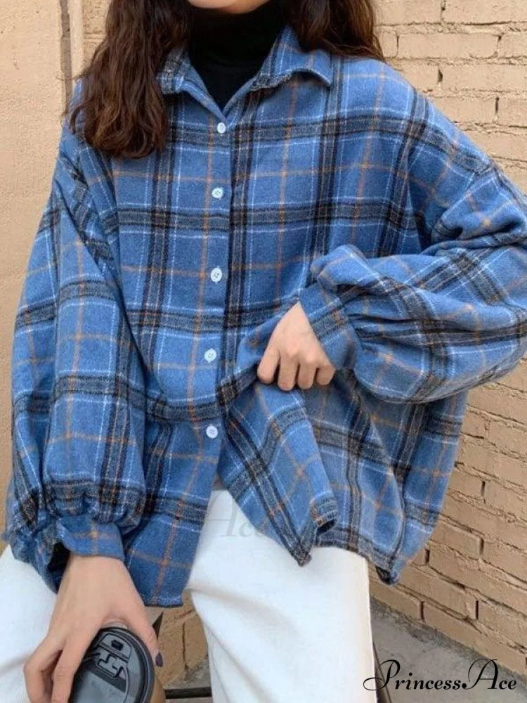 Checkered Long Graceful Sleeve Blouse Blue / S Shirts