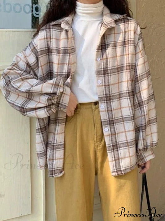 Checkered Long Graceful Sleeve Blouse Camel / S Shirts