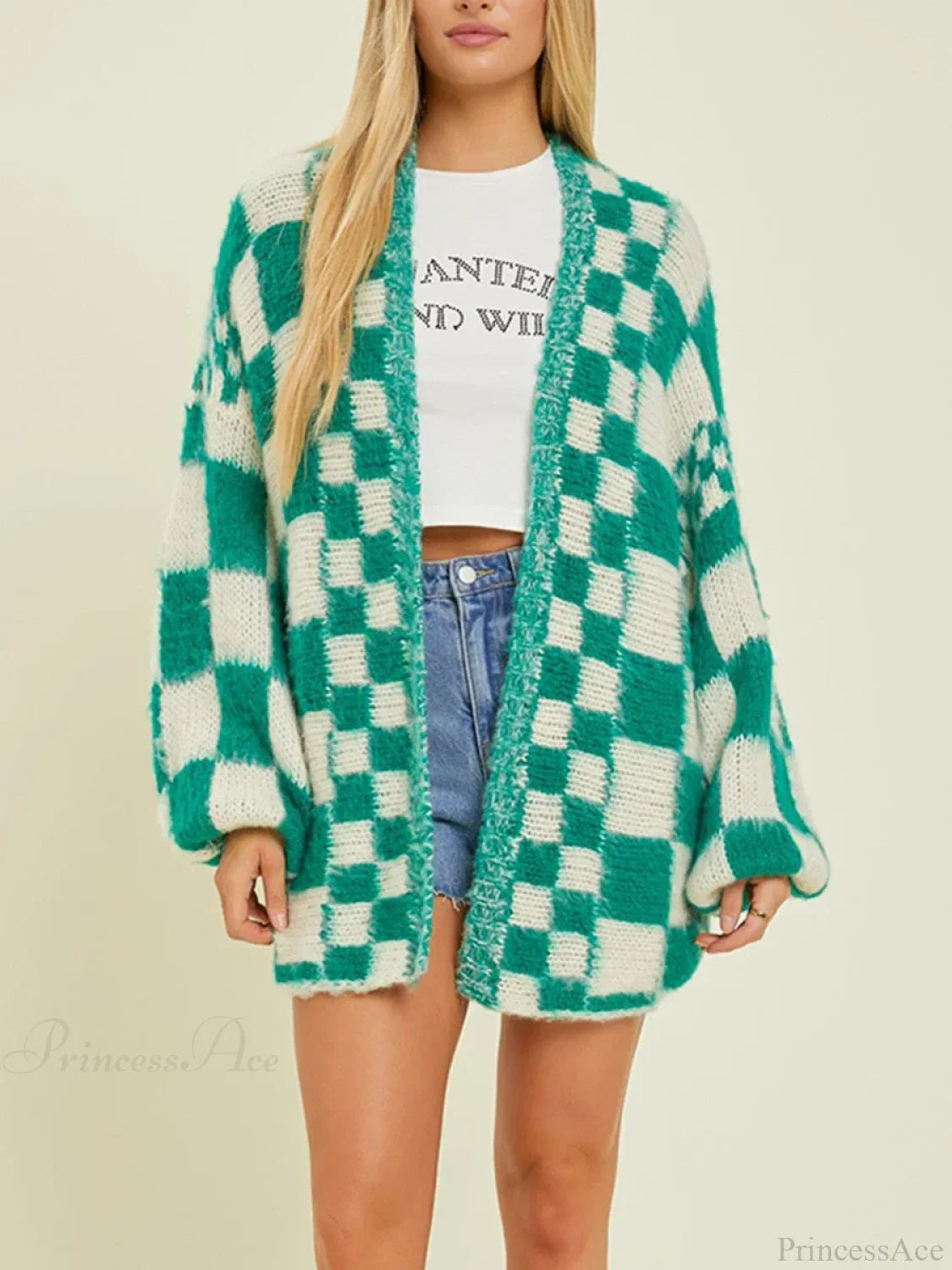 Checkered Loose Long Sleeve Open Front Cardigan Green / S