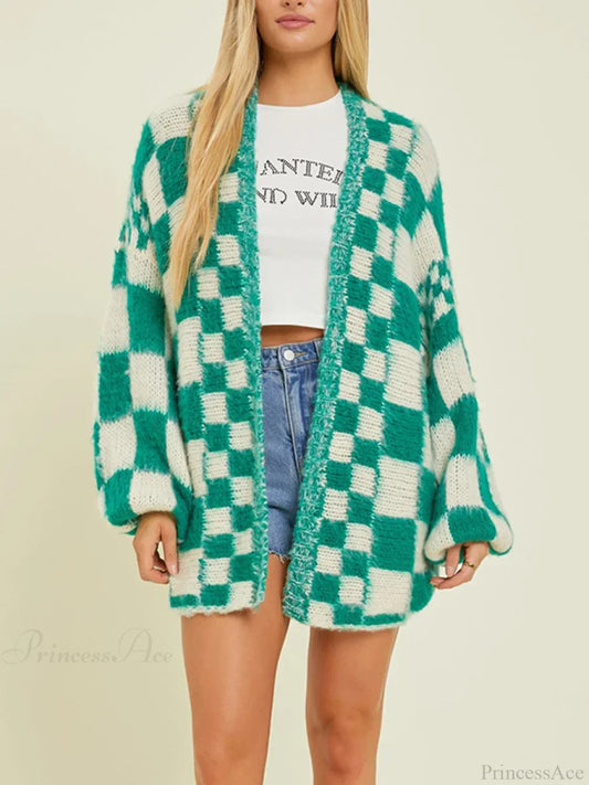 Checkered Loose Long Sleeve Open Front Cardigan Green / S