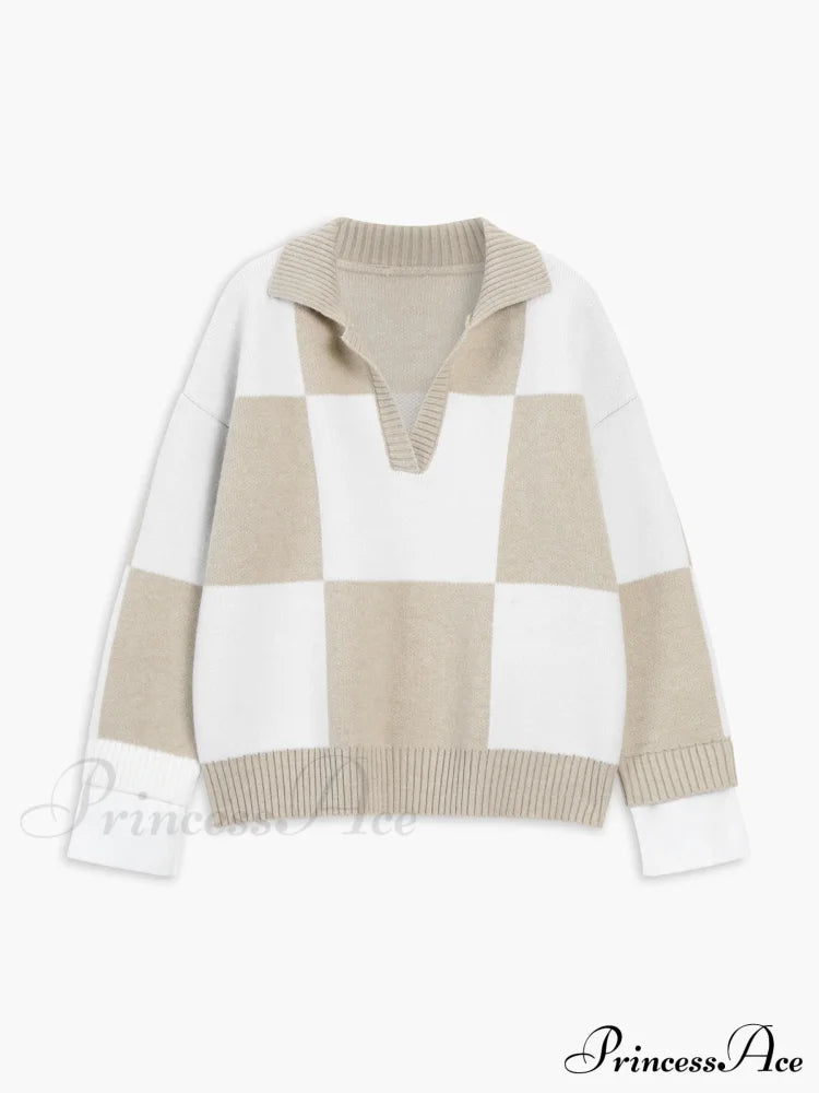 Checkered Open Graceful Collar Sweater Khaki / Xs Sweaters-L