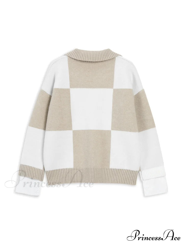 Checkered Open Graceful Collar Sweater Sweaters-L