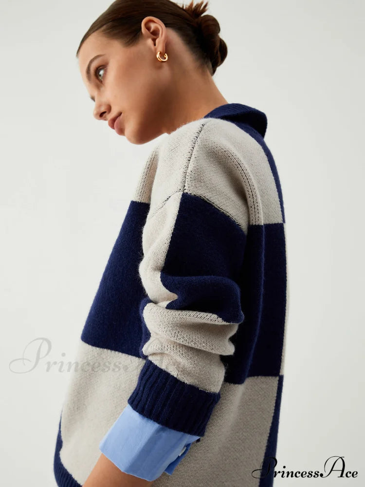 Checkered Open Graceful Collar Sweater Sweaters-L