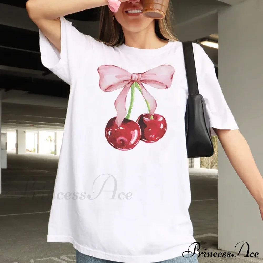Cherry Bow Stylish Print Graphic Tee Cotton Printed Tees