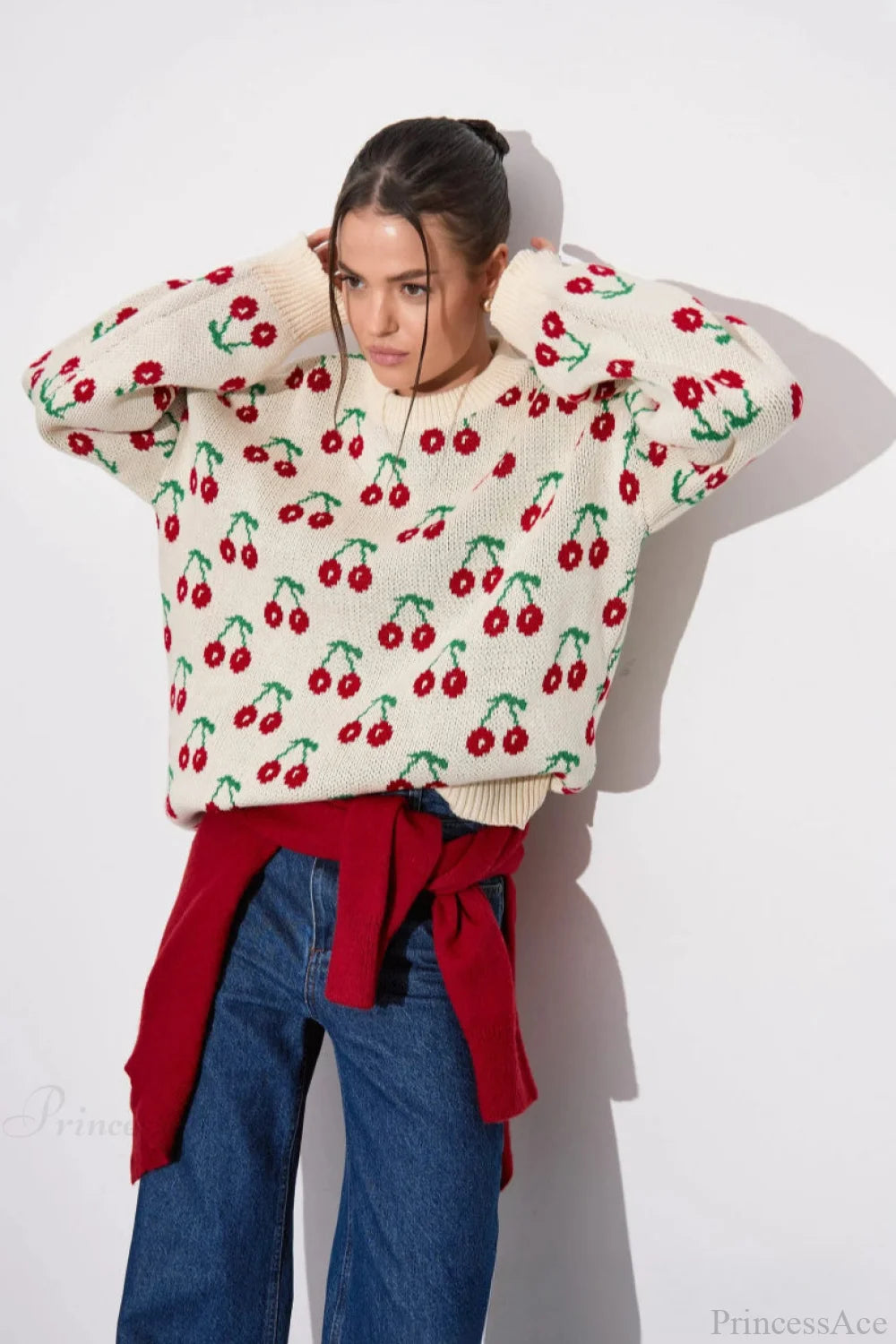 Cherry Crew Neck Mid Length Knit Sweater
