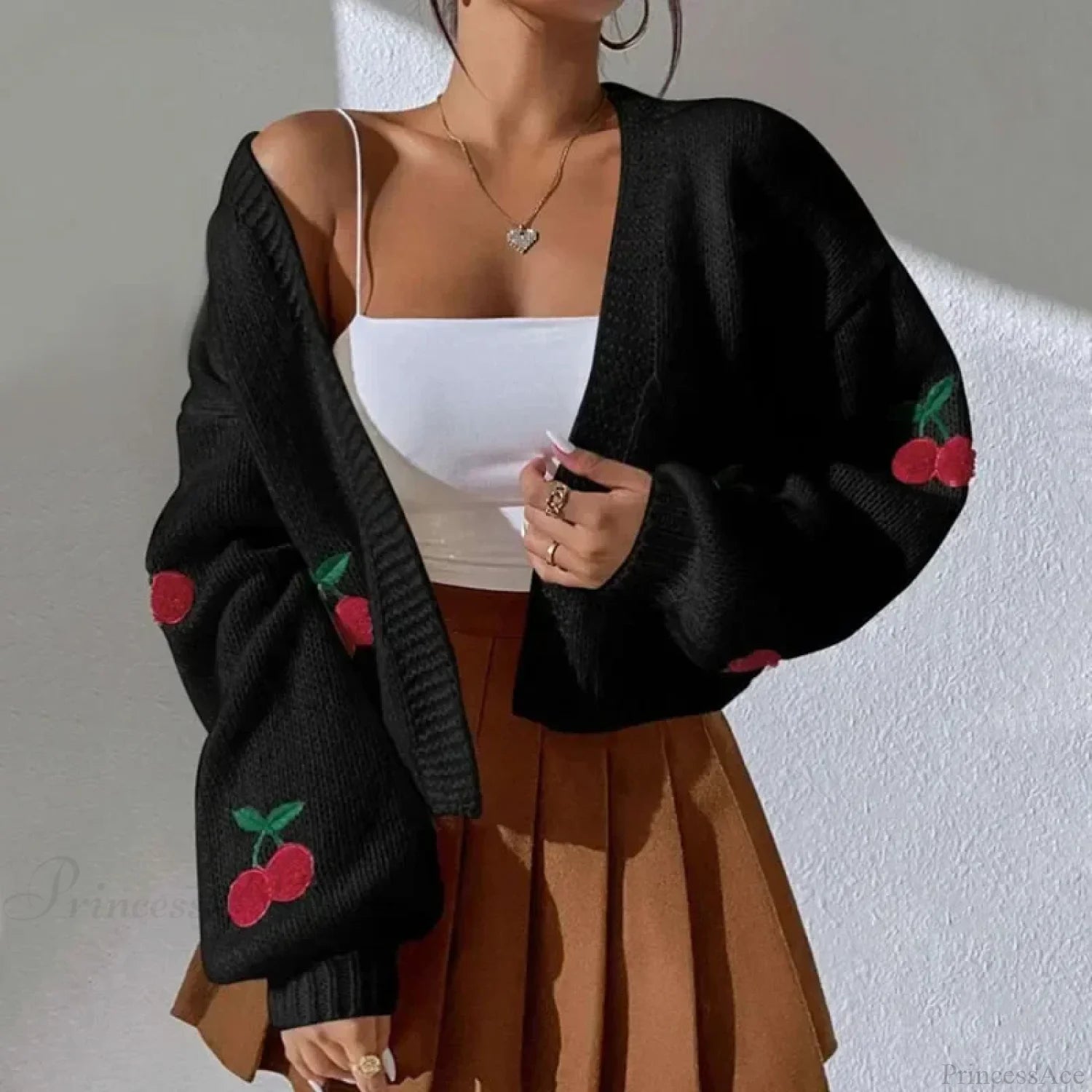 Cherry Embroidery Loose Long Sleeve Casual Knit Cardigan cardiagn-250126