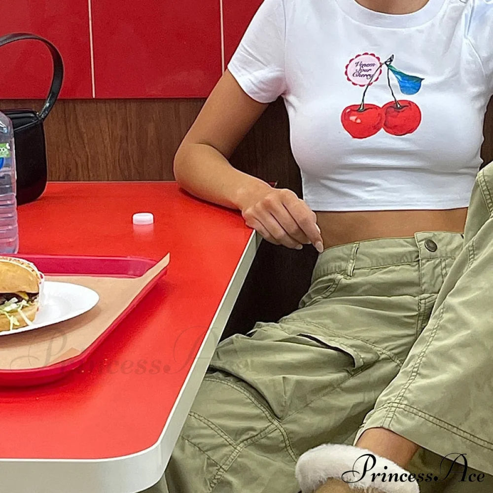 Cherry Print Stylish White Crop Top