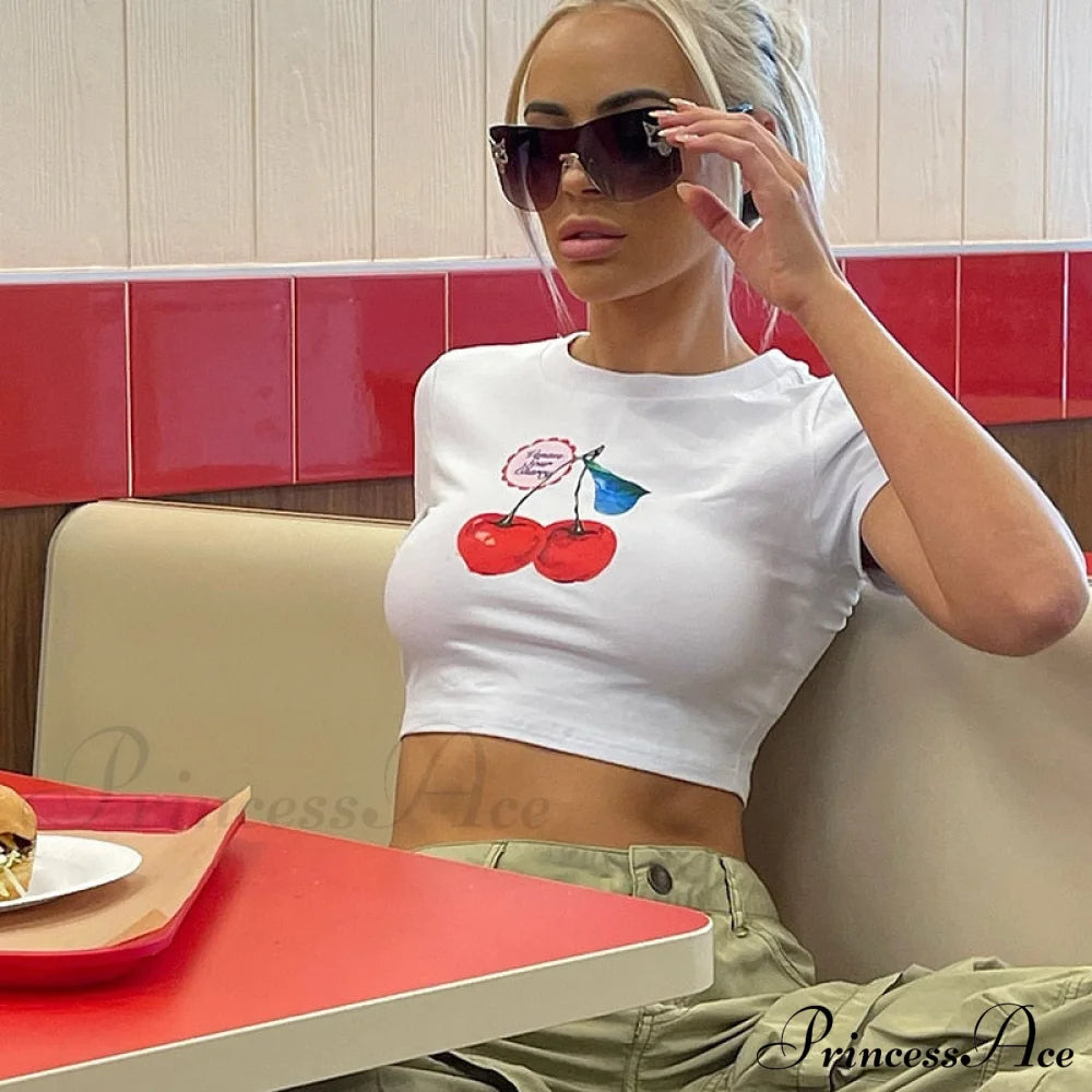 Cherry Print Stylish White Crop Top