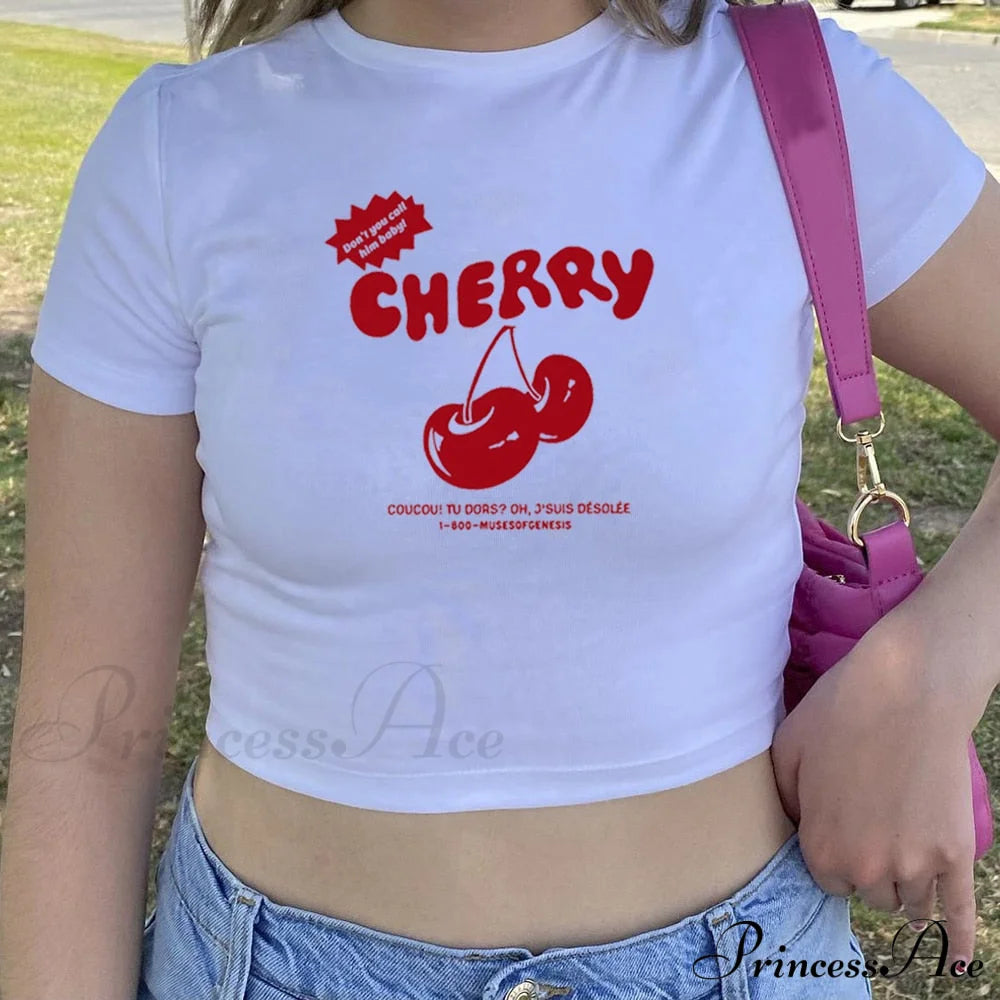 Cherry Red Letter Charming Print White Tee