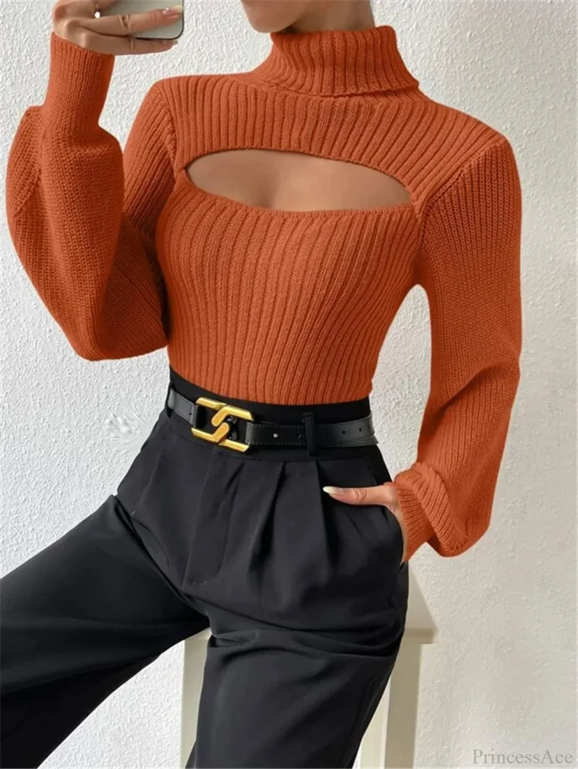 Chest Hollowed-out Turtleneck Sexy Sweater Orange / S