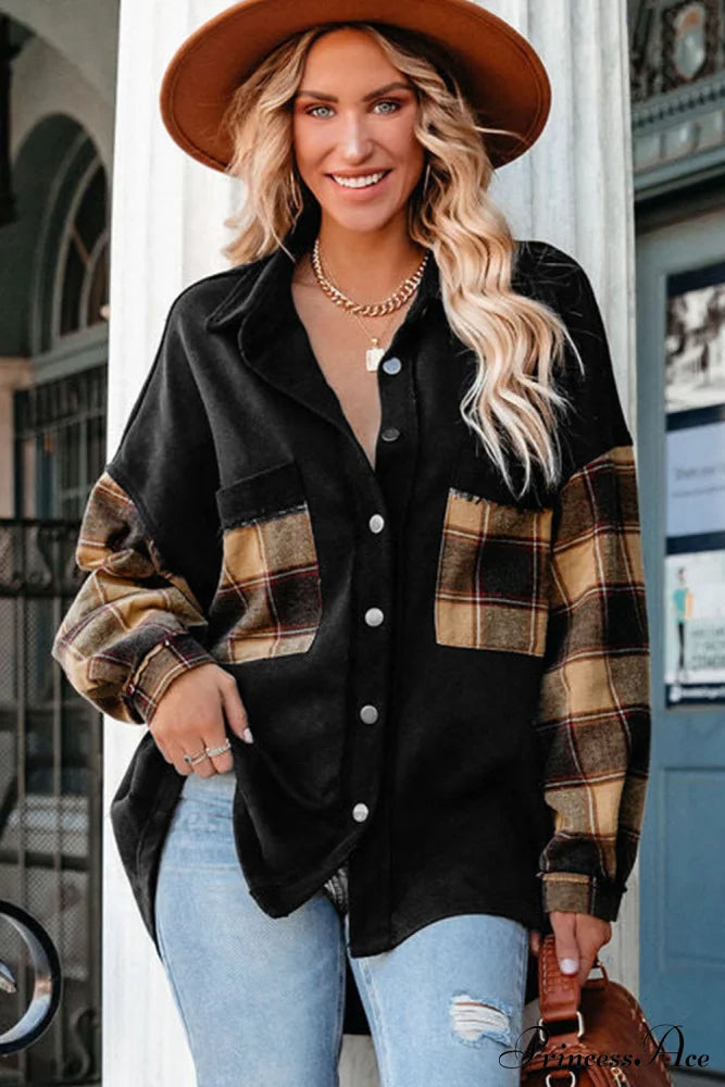 Chest With Blouse Oversized Jacket Plaid Patchwork Pockets Outerwear