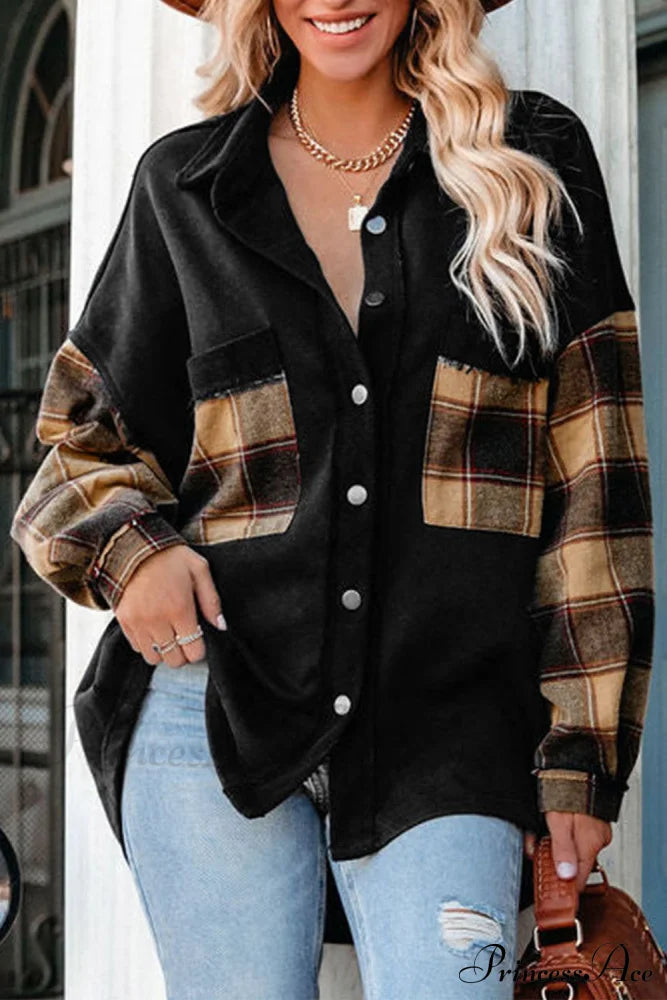 Chest With Blouse Oversized Jacket Plaid Patchwork Pockets Outerwear