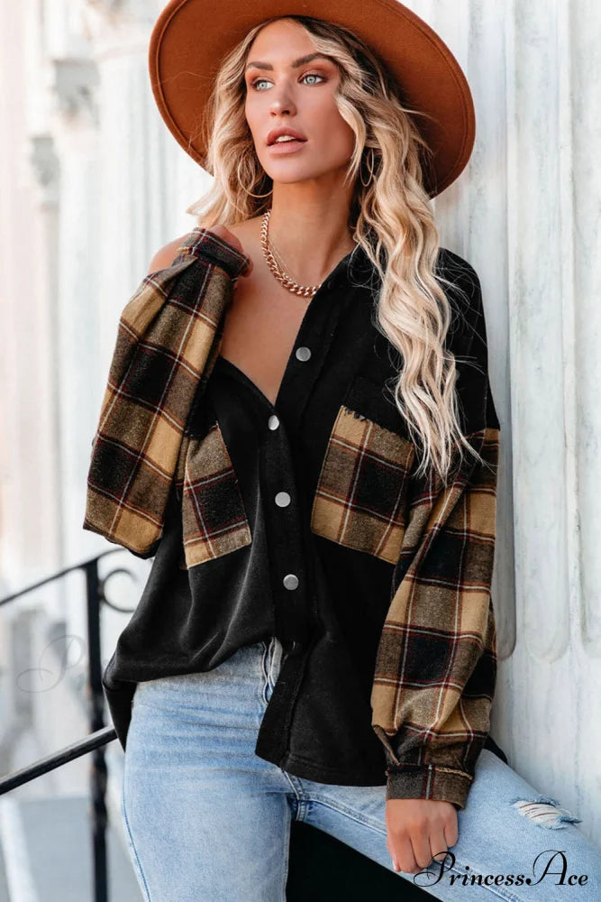 Chest With Blouse Oversized Jacket Plaid Patchwork Pockets Outerwear