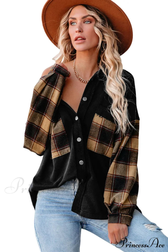 Chest With Blouse Oversized Jacket Plaid Patchwork Pockets Outerwear