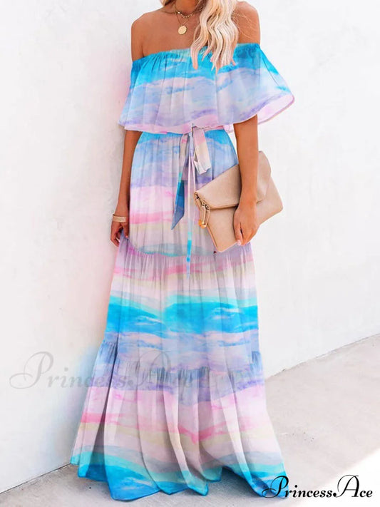 Chest Wrap Printed Charming Full Skirt Dress Yun Cai Lan / S Dresses