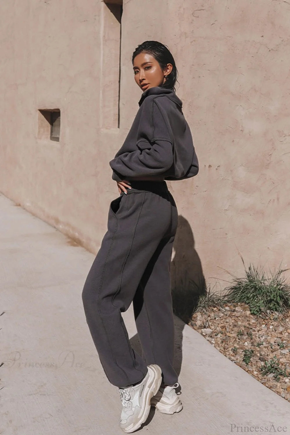 Chic Athleisure Stand Collar Sweatshirt Elastic Jogger Two Piece Set