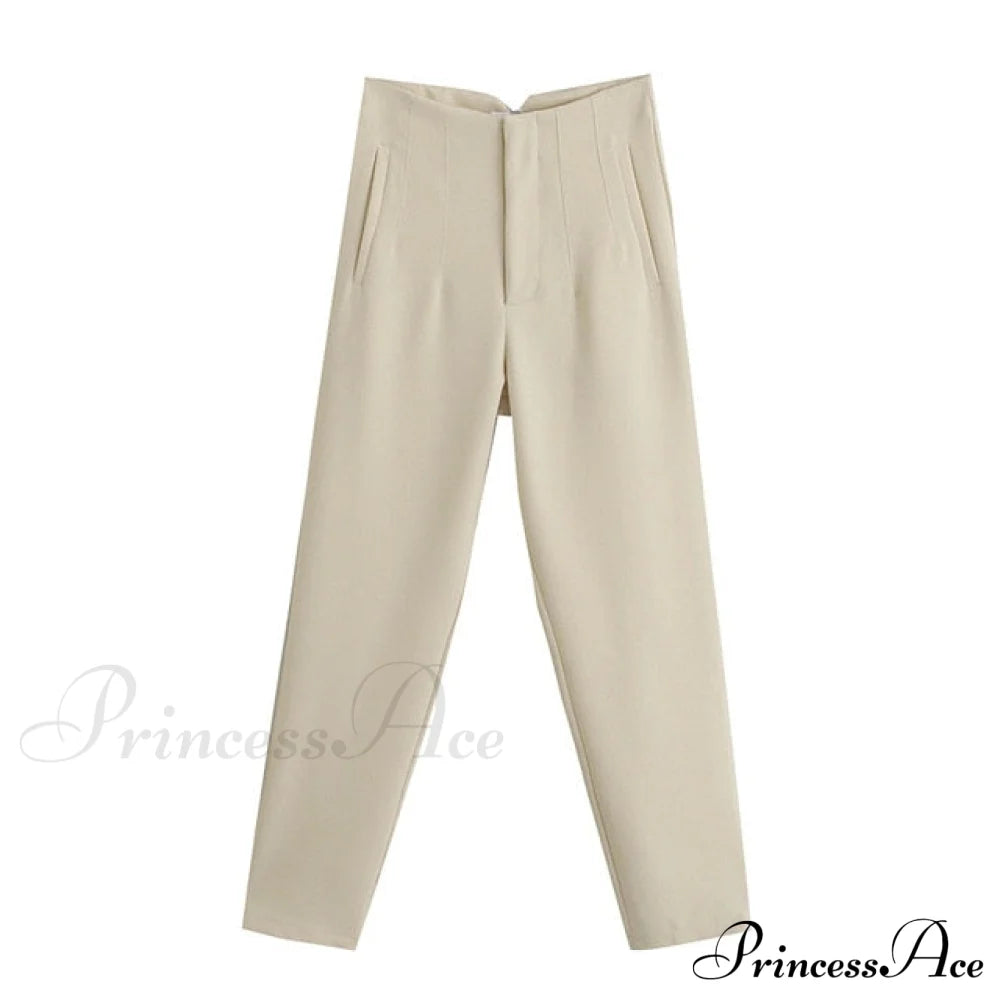 Chic Button Zip Elegant Pink Casual Pants Beige / Xs