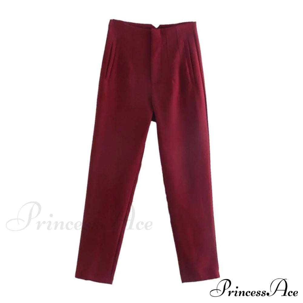 Chic Button Zip Elegant Pink Casual Pants Claret / Xs