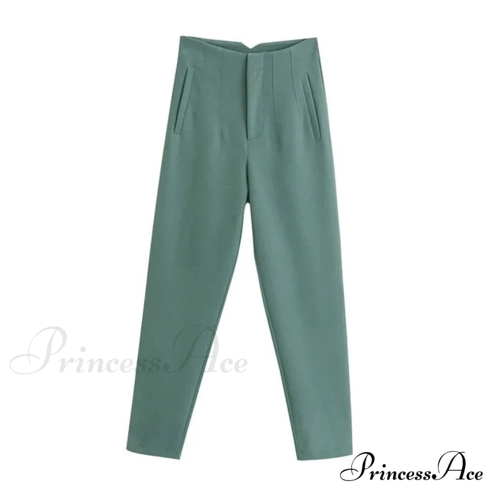 Chic Button Zip Elegant Pink Casual Pants Green / Xs