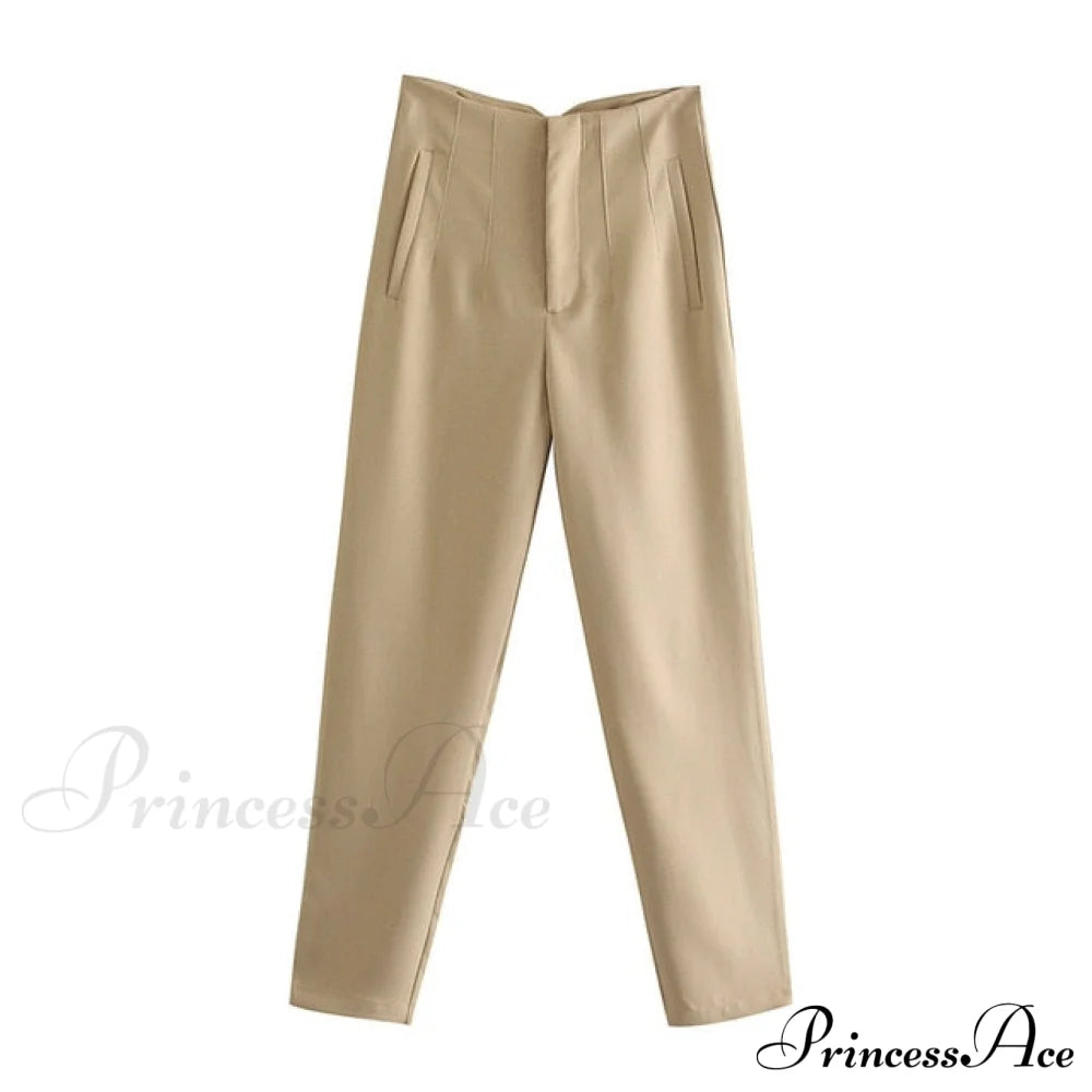 Chic Button Zip Elegant Pink Casual Pants Khaki / Xs