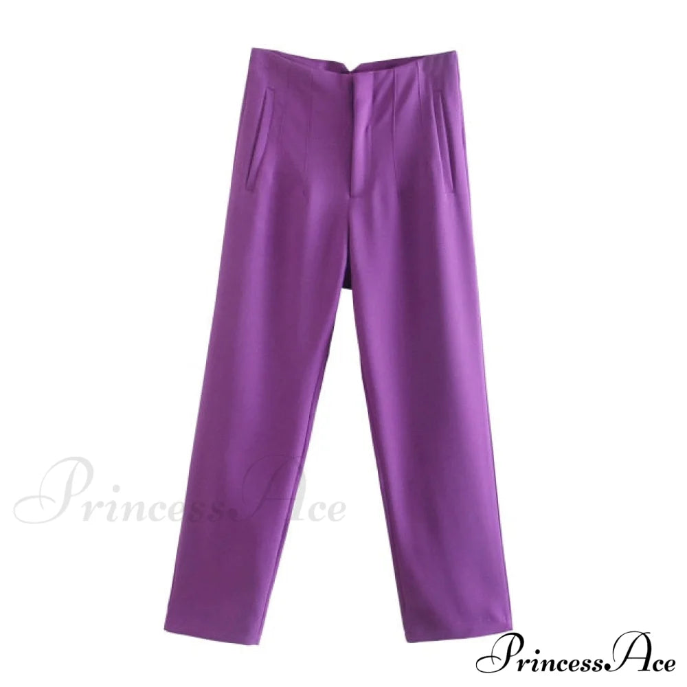 Chic Button Zip Elegant Pink Casual Pants Purple / Xs