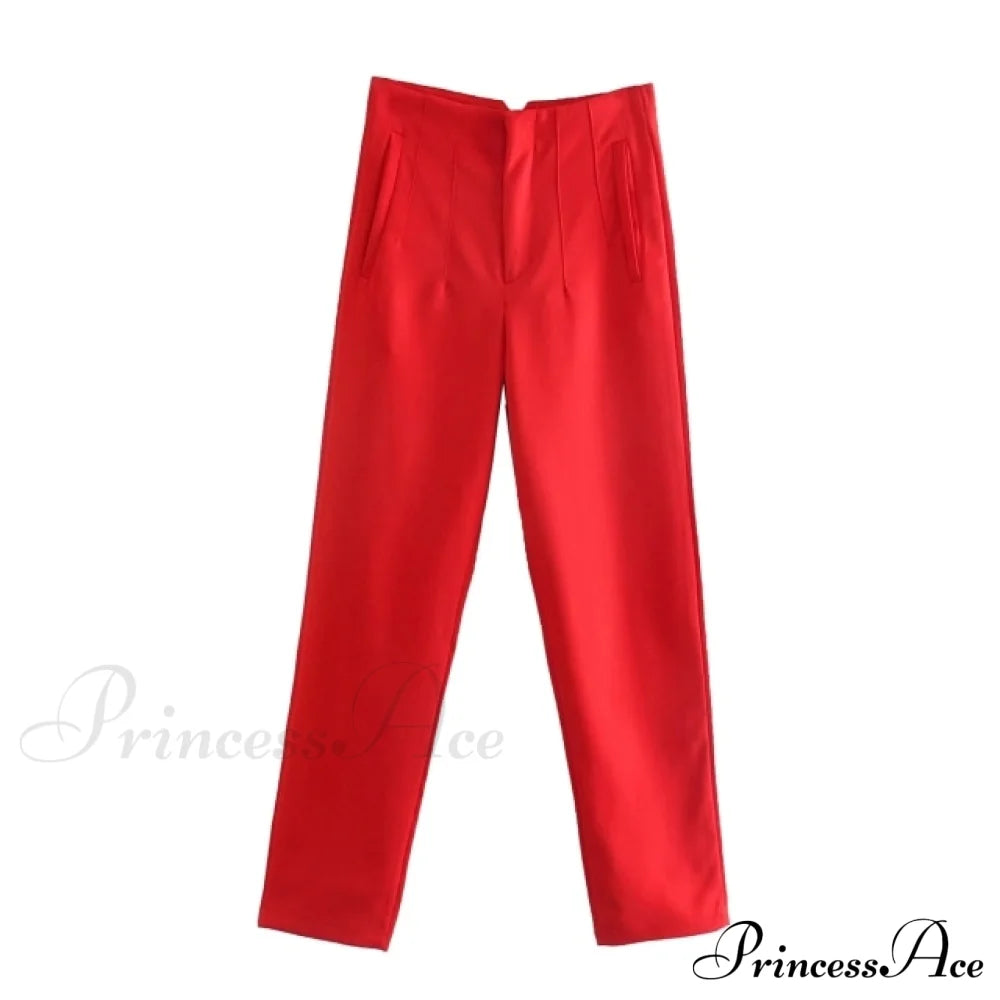 Chic Button Zip Elegant Pink Casual Pants Red / Xs