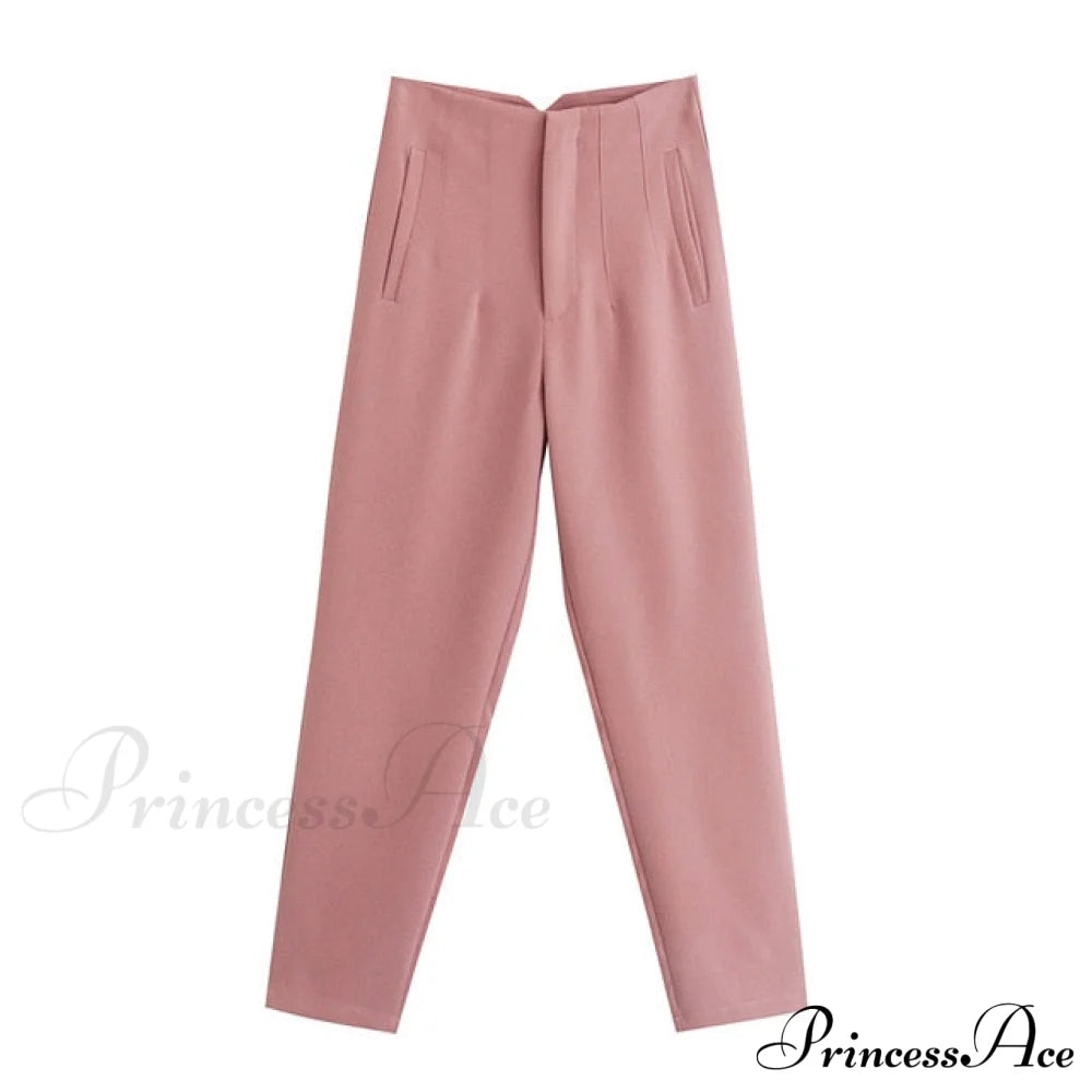 Chic Button Zip Elegant Pink Casual Pants / Xs