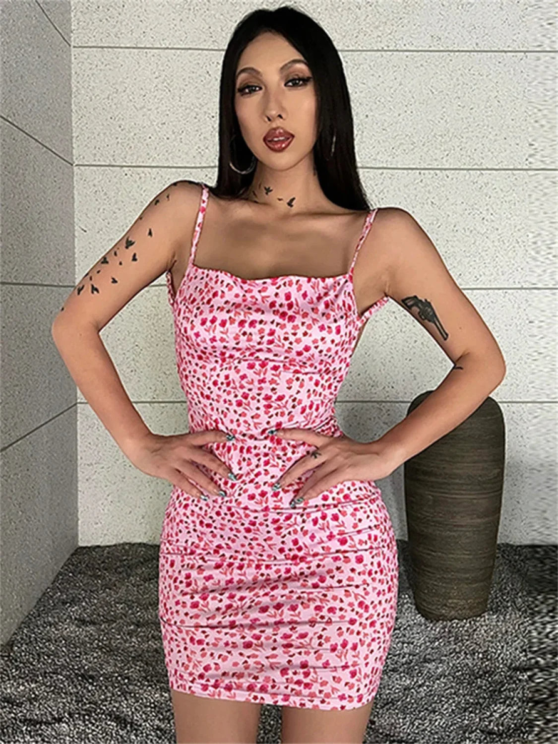 Chic Floral Print Backless Sling Mini Suspender Wrap Bodycon Party Dress Pink / S floraldress-250126