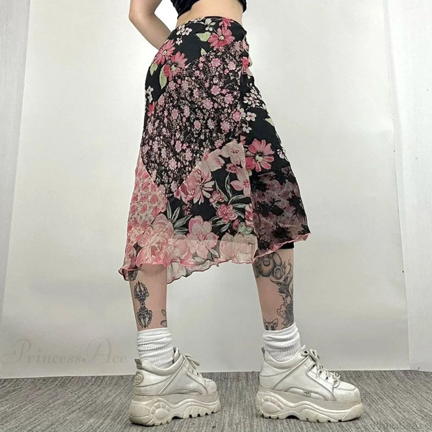 Chic Floral Print Low Rise Patchwork Skirt skirt-250126