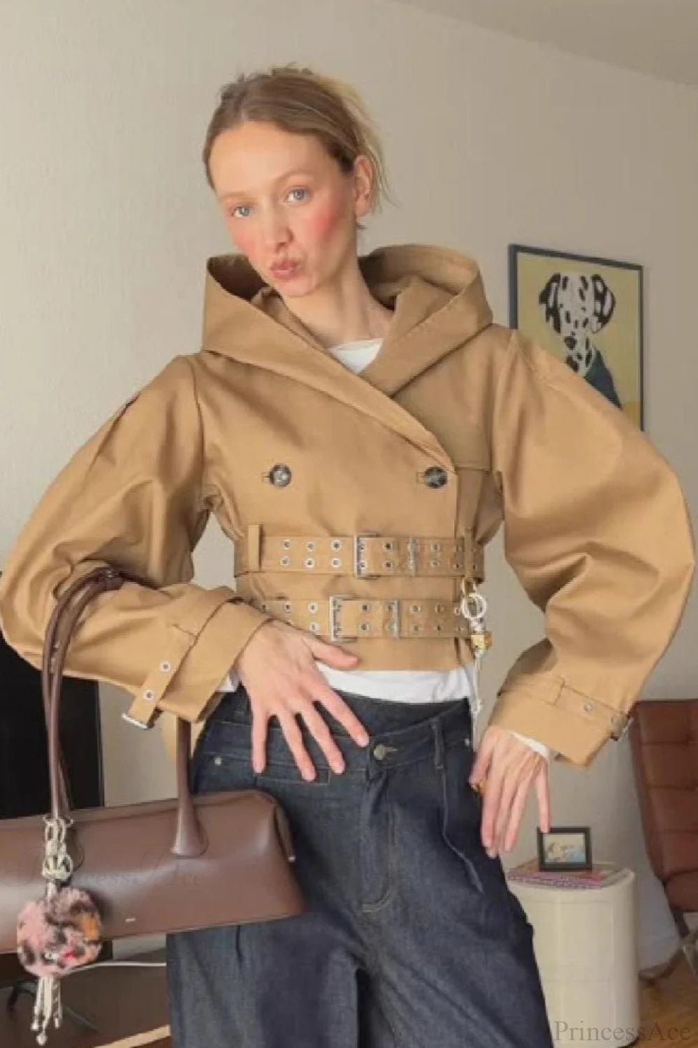 Chic Hooded Double Belted Cropped Coat