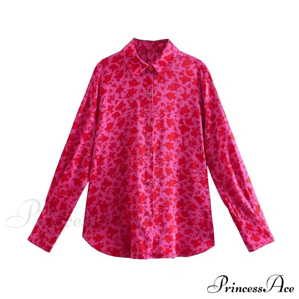 Chic Lady Long Sleeve Floral Print Blouses Rose Red / Xs