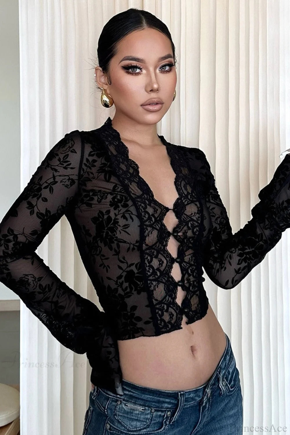 Chic Leopard Print Mesh Lace Trim Blouse