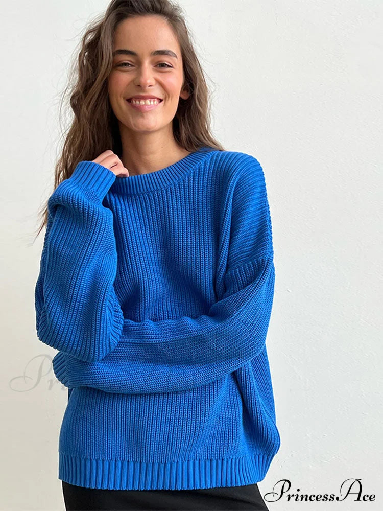 Chic O-Neck Elegant Knitted Sweater Pullovers Blue / S