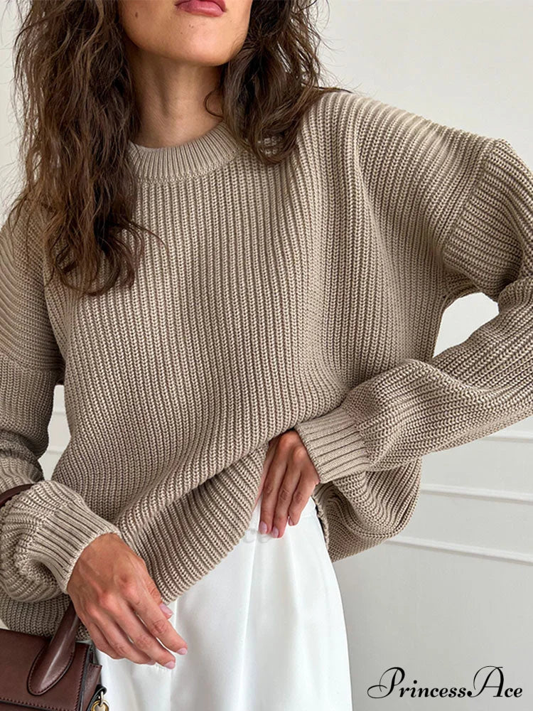 Chic O-Neck Elegant Knitted Sweater Pullovers Khaki / S