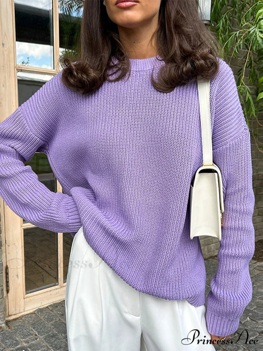 Chic O-Neck Elegant Knitted Sweater Pullovers Purple / S