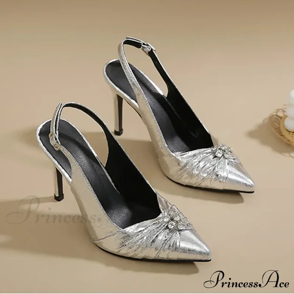 Chic Pointed Pleated Leather Rhinestone Decorative Buckle Slingback Thin High Heels Office Heel