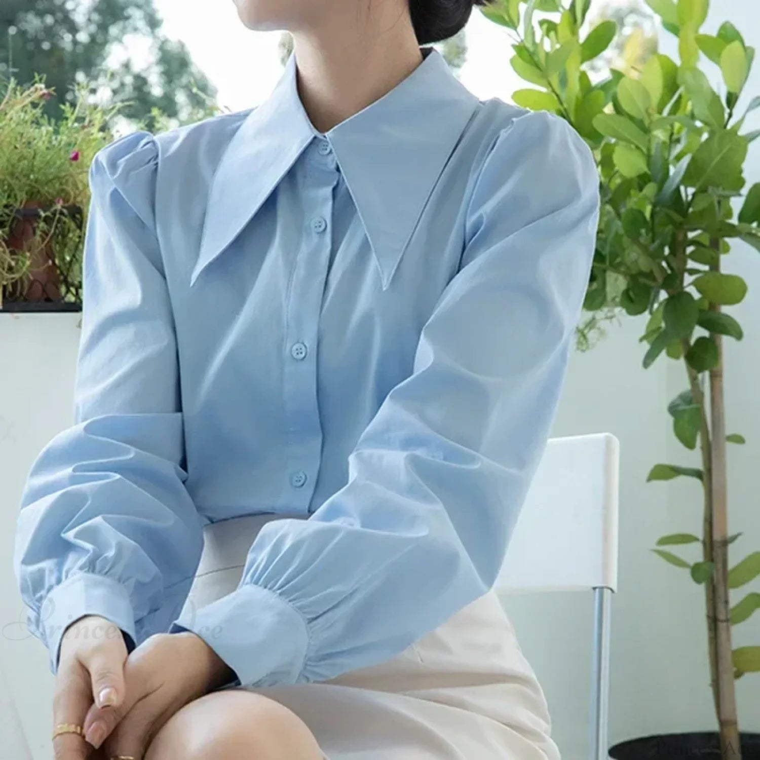 Chic Puff Sleeve Turn Down Collar White Blouse blouse-250126